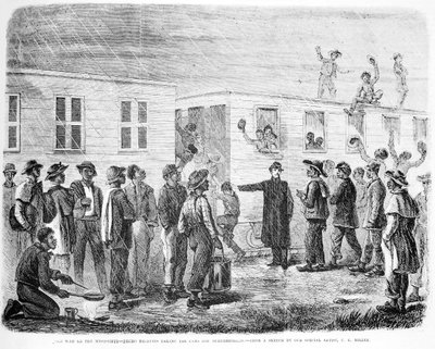 De oorlog op de Mississippi. Negerrekruten stappen in de trein naar Murfreesboro, uit Frank Leslies Illustrated Newspaper, mei 1864 door American School