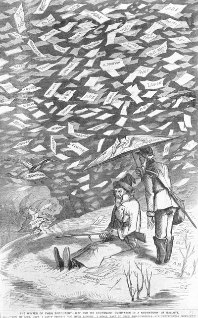 De winter van hun ontevredenheid, Jeff en zijn luitenant ingehaald in een sneeuwstorm van stembiljetten, c.1894 door American School