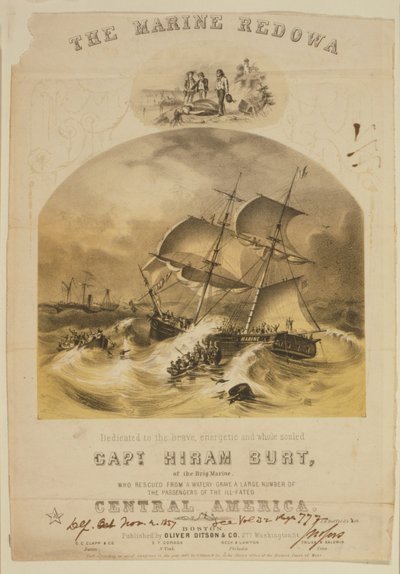 De brik Marine redt passagiers in reddingsboten van de stoomboot SS Central America na een orkaan voor de kust van de Carolinas in september 1857 door American School