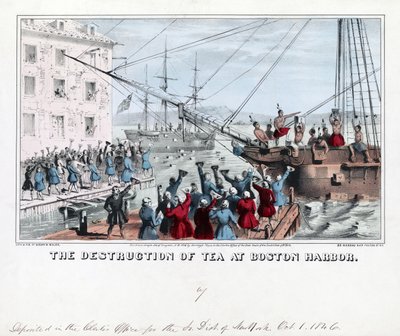 De vernietiging van thee in de haven van Boston, pub door American School