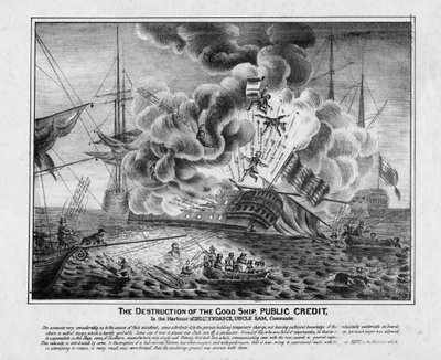 De vernietiging van het goede schip Public Credit, in de haven van Independence, Uncle Sam, Commandant, ca. 1836 door American School