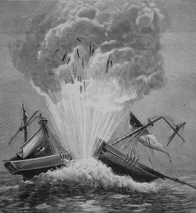 De eerste torpedo, uitgevonden door Robert Fulton (1765-1815) blaast de Deense brik 