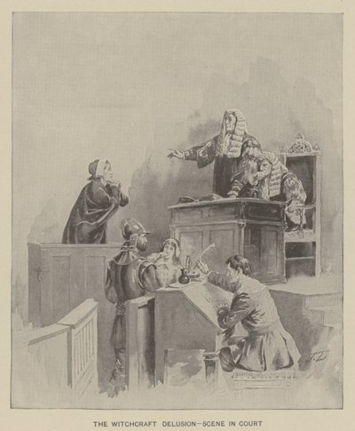 De hekserijwaan - scène in de rechtszaal (litho) door American School