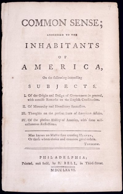 Titelpagina van Common Sense door Thomas Paine (1737-1809) 1776 door American School