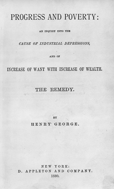 Titelpagina van Progress and Poverty door Henry George, gepubliceerd in 1880 door American School