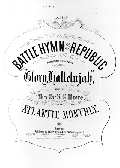 Titelpagina van de Battle Hymn of the Republic, geschreven door Julia Ward Howe (1819-1910) 1862 door American School