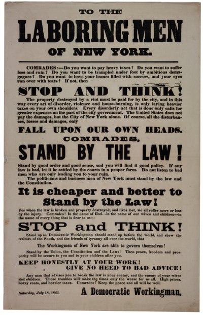 Aan de arbeiders van New York, 18 juli 1863 door American School