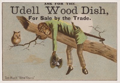 Te veel Nieuwjaar, handelskaart die Udell houten schalen adverteert door American School