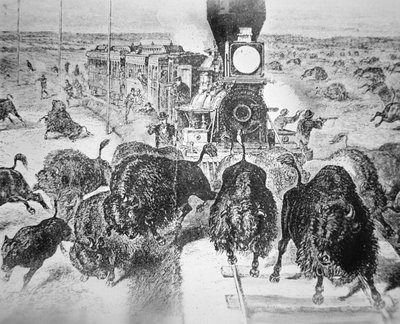 Treinpassagiers op de Kansas Pacific Railroad, buffels schieten voor sport in de jaren 1870 door American School