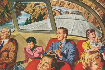 Reizigers genieten van een futuristische treinreis door American School