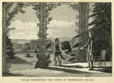 Tyler ontvangt het nieuws van de dood van Harrison, pub.1888 (gravure) door American School