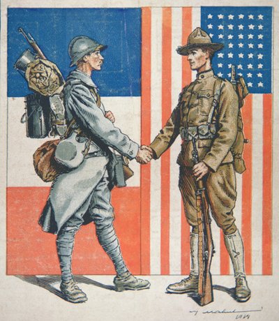 Amerikaanse soldaat schudt de hand van een Franse soldaat, Amerika