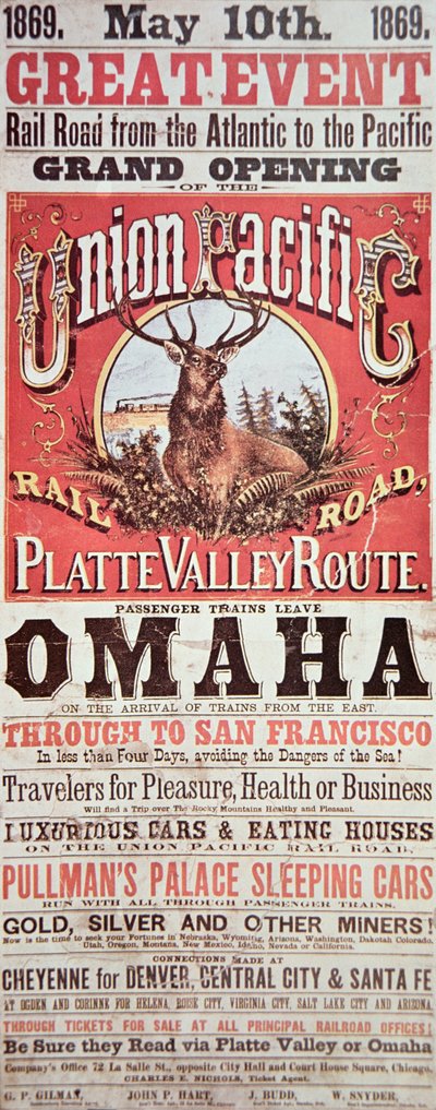 Union Pacific Railroad poster die de eerste transcontinentale spoorlijn door de VS adverteert door American School