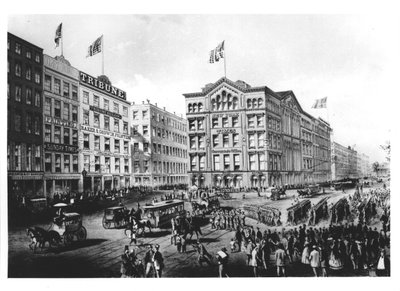 Uitzicht op Printing Square in New York, met het hoofdkantoor van The New York Times, The Sunday Times en The Tribune door American School