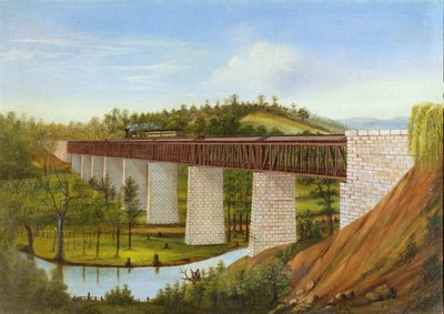 Uitzicht op een overdekte brug en spoorweg, c.1870 door American School