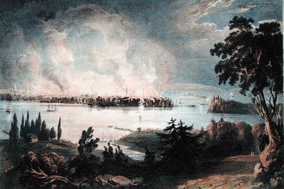 Uitzicht op de Stad New York vanaf Weehawk tijdens de Grote Brand, 16 december 1835, gegraveerd door Day en Haghe door American School
