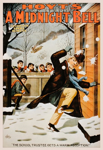Vintage poster van jongens die een man met sneeuwballen bekogelen, 1890-99 door American School
