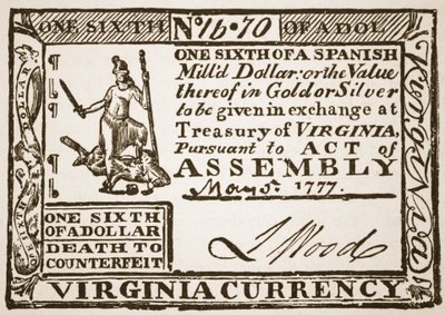 Virginia-valuta, gelijk aan een zesde van een Spaanse dollar, 1777 door American School
