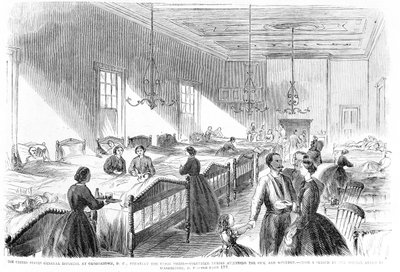 Vrijwillige verpleegsters die de zieken verzorgen in het US General Hospital in Georgetown, uit Frank Leslies Illustrated Newspaper, 6 juli 1861 door American School