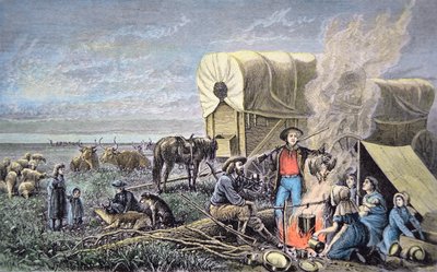 Wagenemigranten naar het westen (gekleurde gravure) door American School