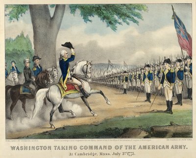 Washington neemt het bevel over het Amerikaanse leger, in Cambridge, Massachusetts, 3 juli door American School