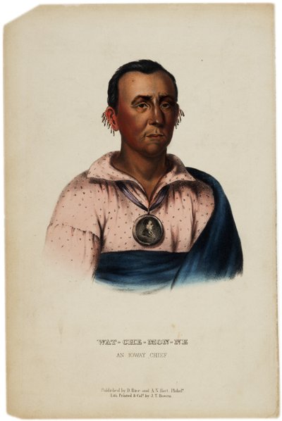 Wat-Che-Mon-Ne, Ioway Chief, prent gemaakt door J. T. Bowen, illustratie uit The History of the Indian Tribes of North America door Thomas L. McKenney en James Hall, ca. 1842-70 door American School