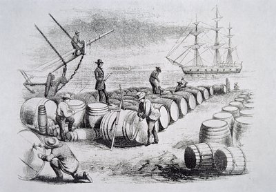 Walvisjagers meten olie in vaten, uit The American Whale Fishery, ca. 1850 door American School