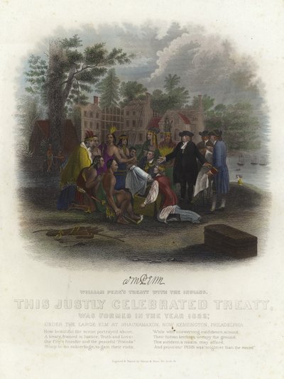 William Penns verdrag met de Indianen (kleurengraving) door American School