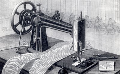 Wilson naaimachine, met riemaandrijving vanaf het pedaal en oliespuit, uit Park Benjamin Appletons Cyclopedia of Applied Machines, gepubliceerd 1880 door American School
