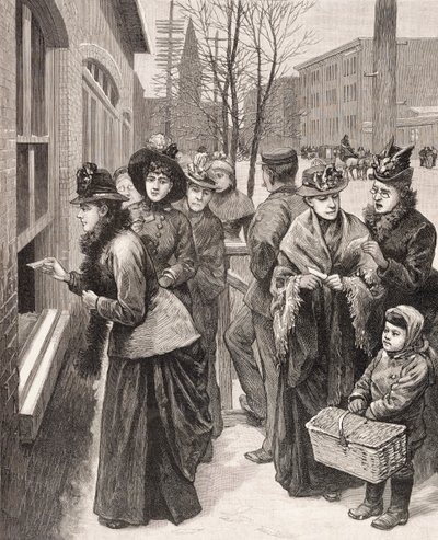 Vrouwen stemmen in Cheyenne, Wyoming, Verenigde Staten (litho) door American School