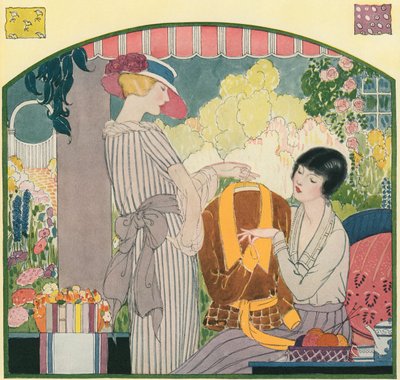Vrouwen in mode uit de jaren 1920 bekijken hun nieuwe kleren door American School