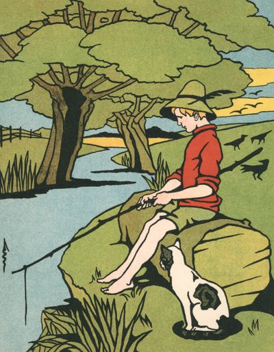 Jonge jongen die in een rivier vist met zijn kat door American School