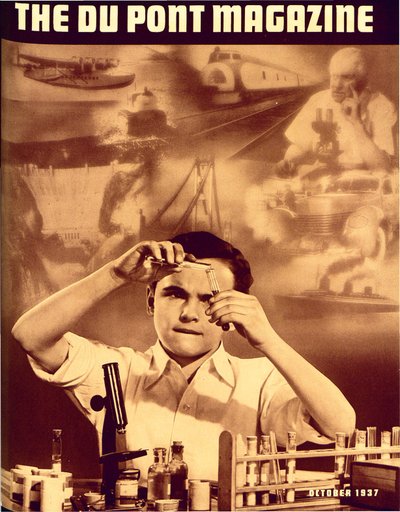 Jonge jongen met chemieset, voorpagina van het DuPont Magazine, oktober 1937 door American School