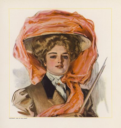 Jonge vrouw met een hoed met een oranje organza decoratie door American School