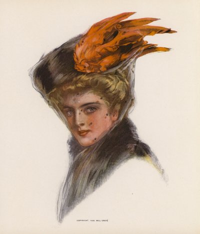 Jonge vrouw met een hoed met oranje veren (kleur litho) door American School