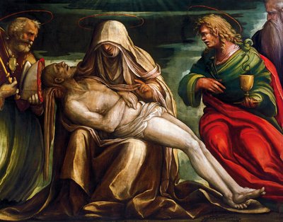 Pieta met Sint Marcus, Ambrosius, Johannes de Evangelist, Sint en Antonius Abt door Amico Aspertini