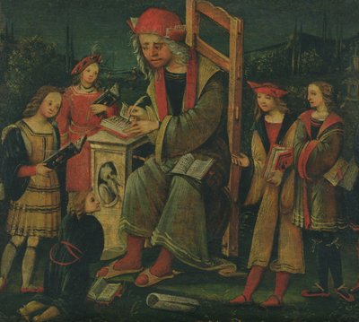 Sint-Cassianus in zijn stoel, omringd door zijn studenten door Amico Aspertini