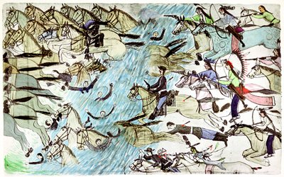 Amerikaanse cavalerie trekt zich terug over een rivier achtervolgd door inheemse Amerikaanse krijgers, ca. 1900 door Amos Bad Heart Buffalo