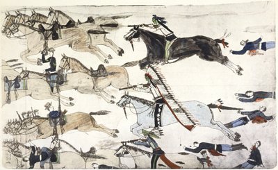 Slag bij Little Big Horn 25-26 juni 1876. Terugtocht van de Amerikaanse 7e cavaleriebataljons onder majoor Marcus Reno. Schilderij door Amos Bad Heart Buffalo (Sioux) c. 1900 door Amos Bad Heart Buffalo