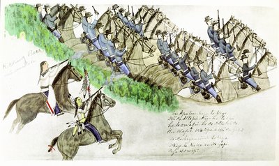 Begin van de Slag om Little Big Horn River, Montana, 25 juni 1876. Indianen van de Vlakten en Amerikaanse cavalerie. Van schilderij door Siouxindiaan Amos Bad Heart Buffalo. door Amos Bad Heart Buffalo