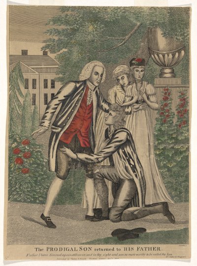 De verloren zoon keert terug naar zijn vader (Vader, ik heb gezondigd tegen de hemel en in uw ogen en ben niet meer waard uw zoon genoemd te worden - Lucas 15:21) door Amos Doolittle