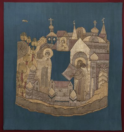 Verschijning van de Moeder Gods aan Sint Cyril van Belozersk in het Simonov-klooster Podea, 1620-1635 door Ancient Russian Art