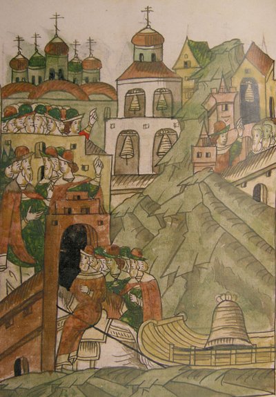 De bel van de volksvergadering zal niet meer luiden in Novgorod Uit de Verlichte Samengestelde Chr door Ancient Russian Art