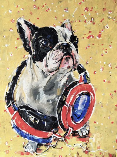 Frenchie met koptelefoon door Anda Bieza