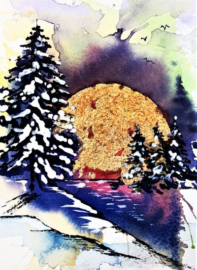 Winterlandschap met gouden maan door Anda Bieza