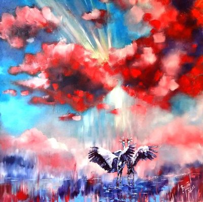 Twee kraanvogels, rode wolken door Anda Bieza