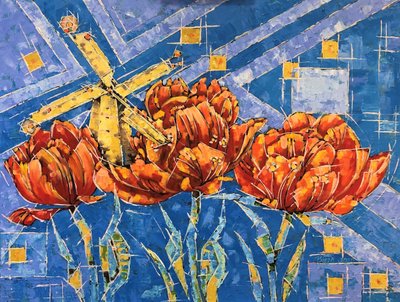 Kleurrijke tulpen en windmolen door Anda Bieza