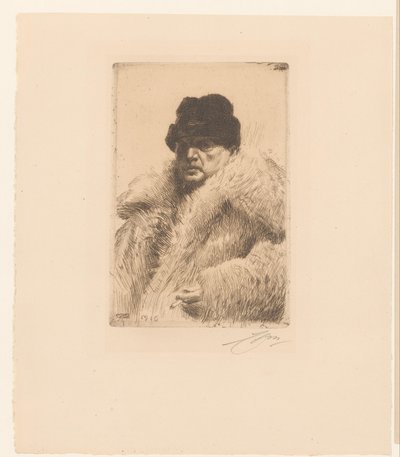 Zelfportret met pels en muts door Anders Leonard Zorn (signed by artist)