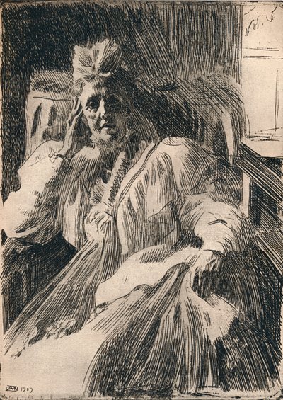Een Ets van de Weduwe Koningin van Zweden door Anders Leonard Zorn
