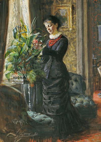Portret van Fru Lisen Samson, geboren Hirsch, bloemen schikkend bij een raam, 1881 door Anders Leonard Zorn